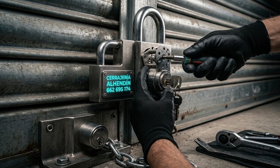 Especialista Cerrajero instalando candado de alta seguridad en una nave del Polígono Marchalhendín, Alhendín